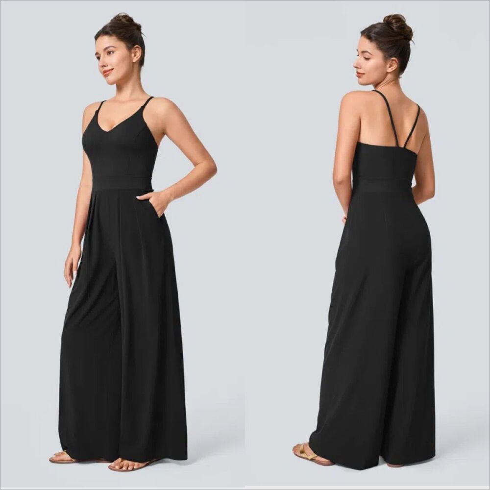 Halara Breezeful Wide Leg Jumpsuit Size Large NWT Black Pocket Quick Dry